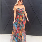 Pleated Floral Tulle Maxi Dress In Orange Multi - Infinity Raine