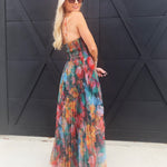 Pleated Floral Tulle Maxi Dress In Orange Multi - Infinity Raine