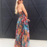 Pleated Floral Tulle Maxi Dress In Orange Multi - Infinity Raine