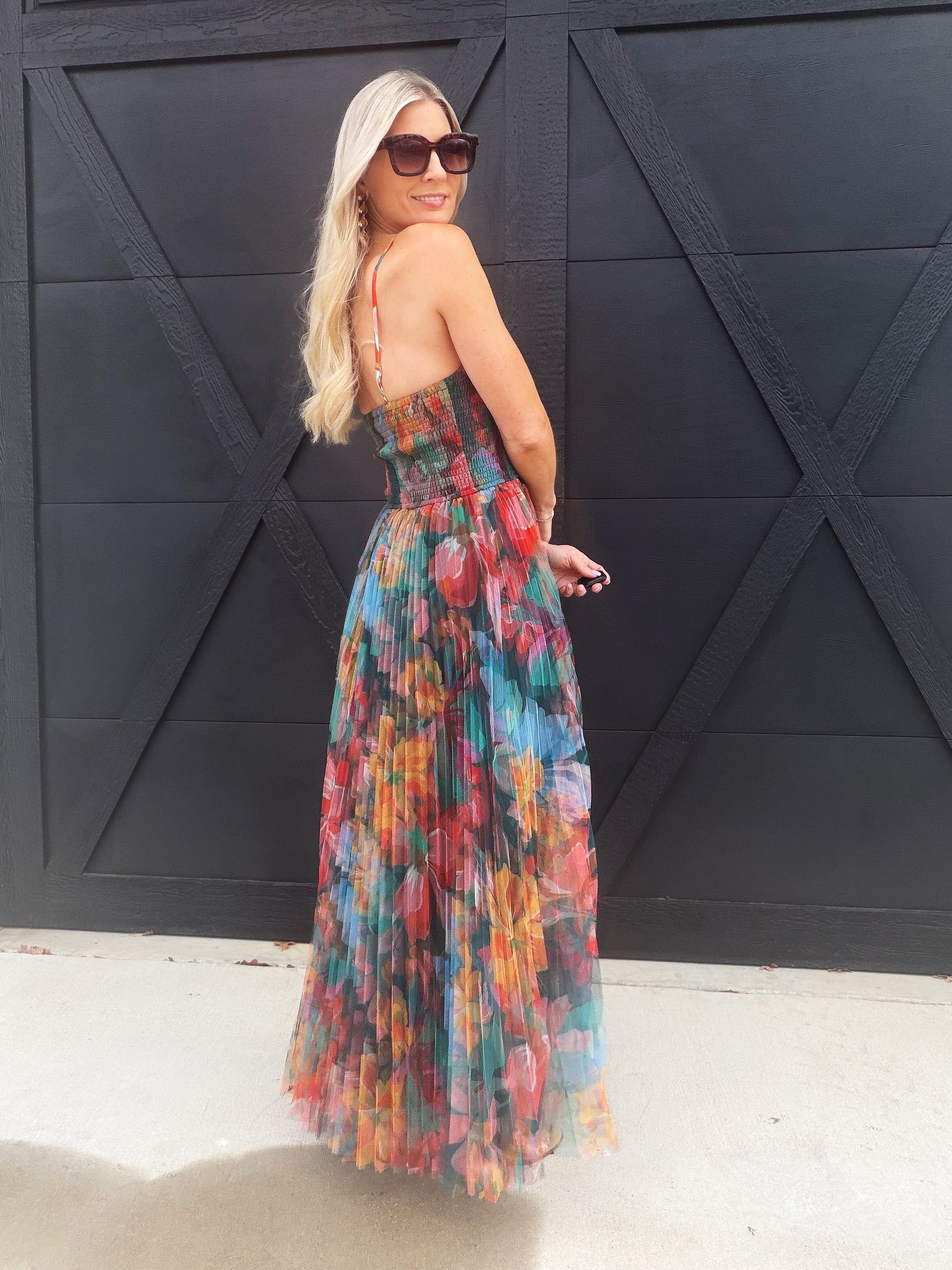 Pleated Floral Tulle Maxi Dress In Orange Multi - Infinity Raine