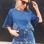 Camellia Sets Embroidered Denim Top And Short Set In Medium Wash