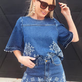 Camellia Sets Embroidered Denim Top And Short Set In Medium Wash