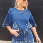 Camellia Sets Embroidered Denim Top And Short Set In Medium Wash