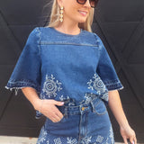 Camellia Sets Embroidered Denim Top And Short Set In Medium Wash