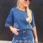 Camellia Sets Embroidered Denim Top And Short Set In Medium Wash
