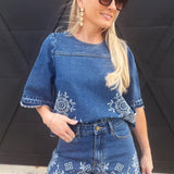 Camellia Sets Embroidered Denim Top And Short Set In Medium Wash
