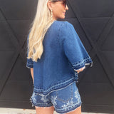 Camellia Sets Embroidered Denim Top And Short Set In Medium Wash