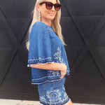 Camellia Sets Embroidered Denim Top And Short Set In Medium Wash