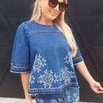 Camellia Sets Embroidered Denim Top And Short Set In Medium Wash