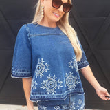 Camellia Sets Embroidered Denim Top And Short Set In Medium Wash