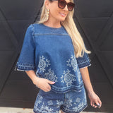 Camellia Sets Embroidered Denim Top And Short Set In Medium Wash