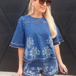 Camellia Sets Embroidered Denim Top And Short Set In Medium Wash