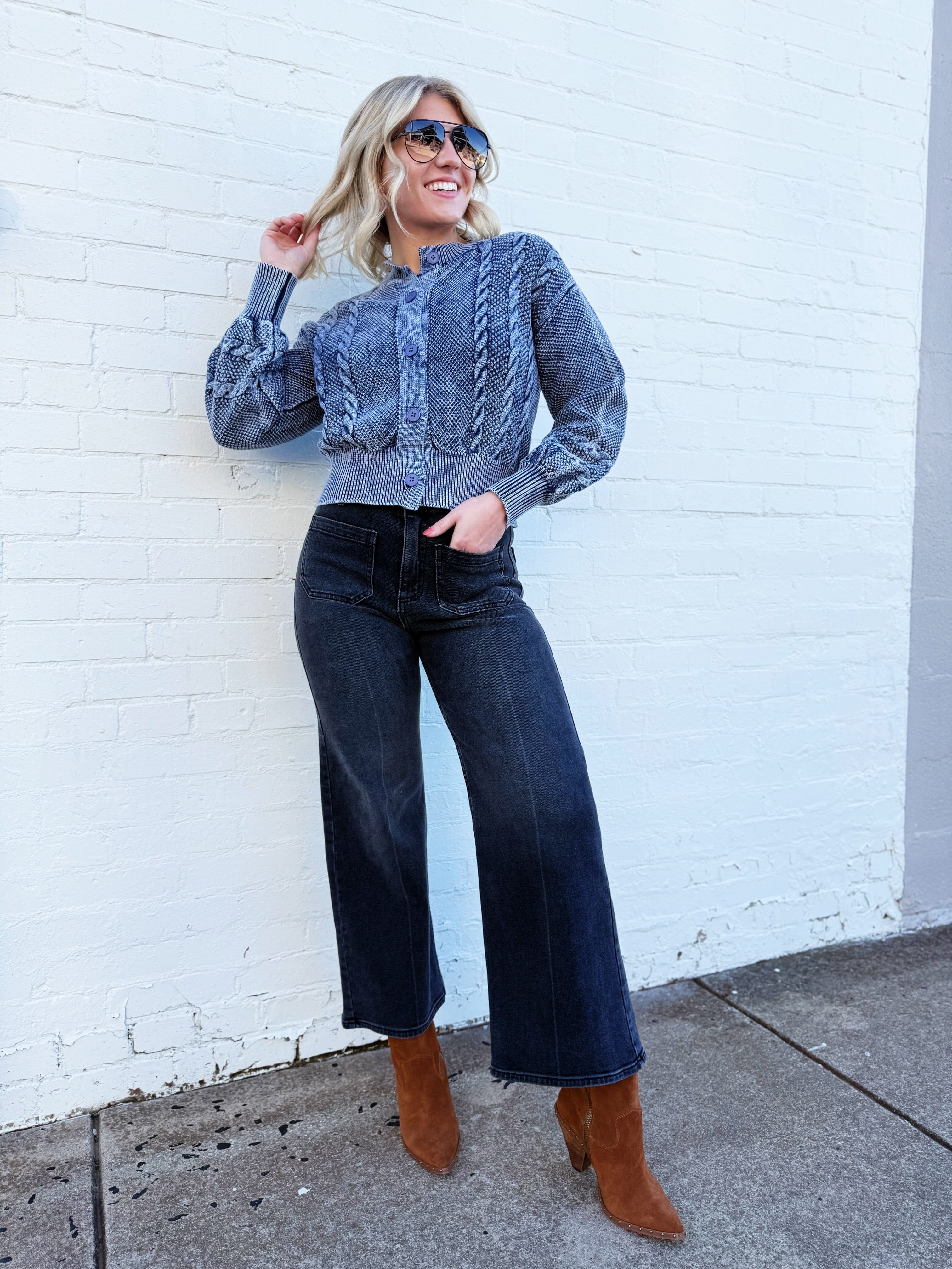 Washed Cable Knit Cardigan In Denim - Infinity Raine