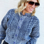 Camellia Tops - Sweaters Washed Cable Knit Cardigan In Denim