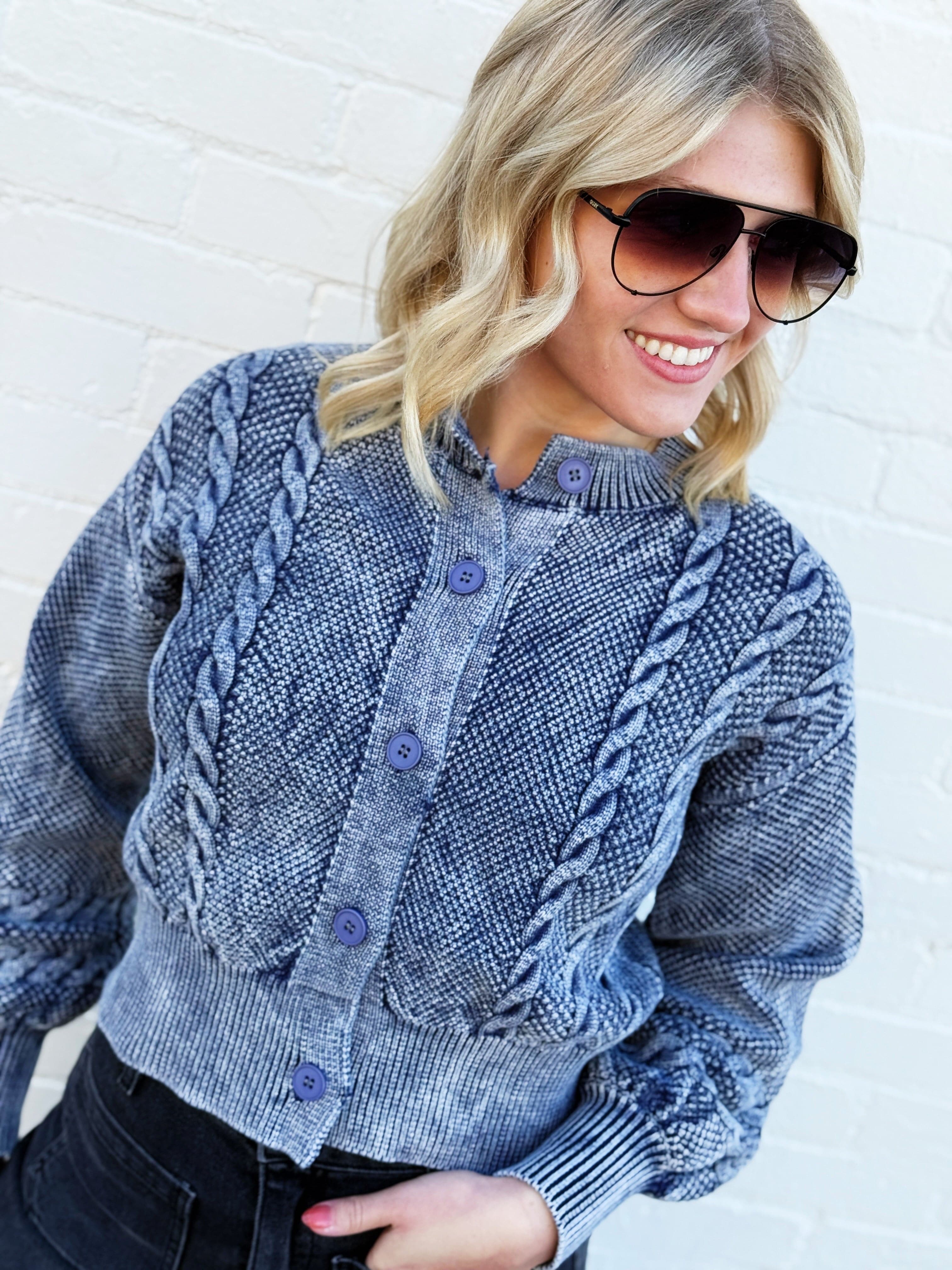 Camellia Tops - Sweaters Washed Cable Knit Cardigan In Denim