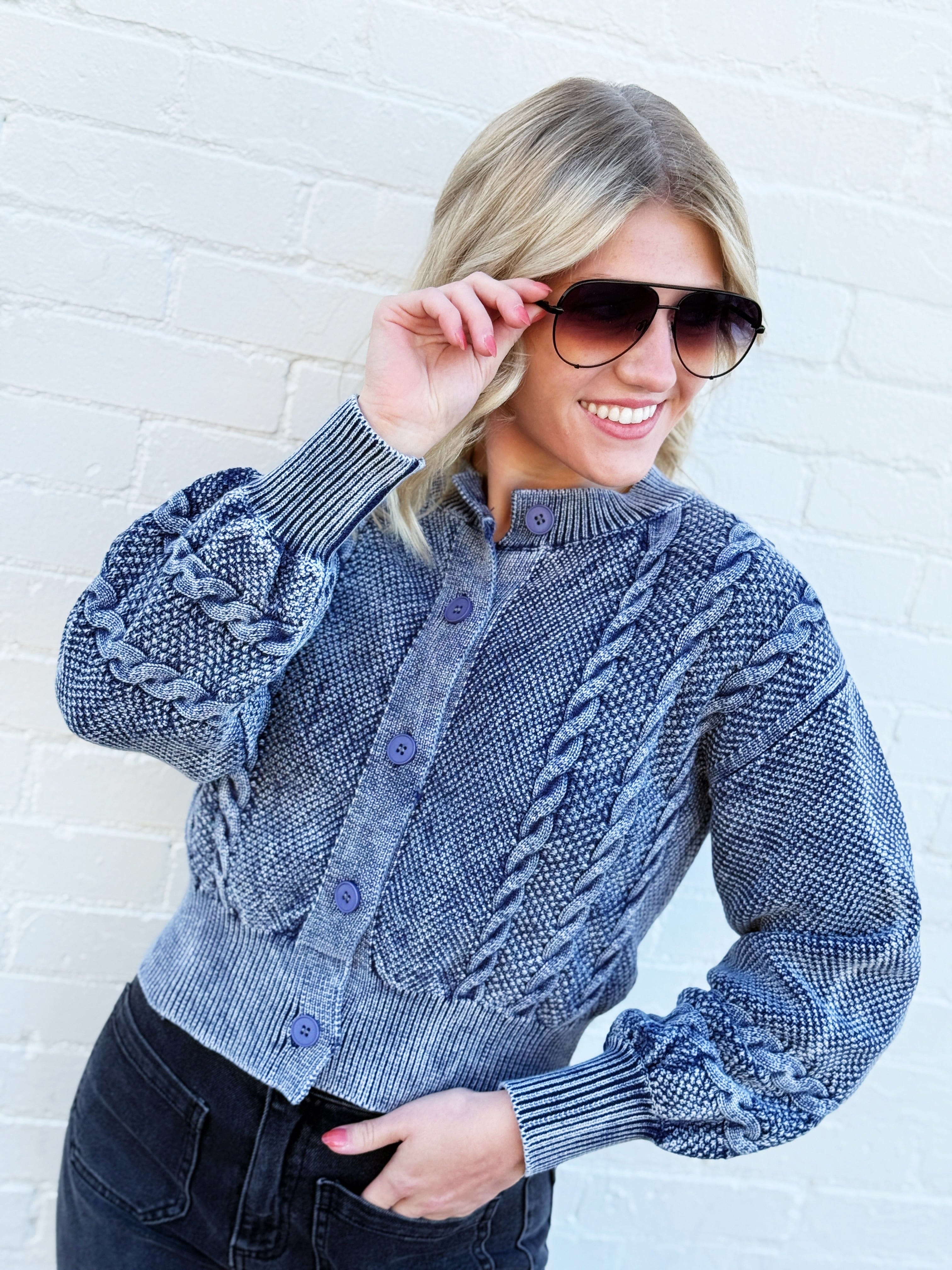Washed Cable Knit Cardigan In Denim - Infinity Raine