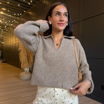 Carter Waffle Polo Sweater Knit Top In Taupe - Infinity Raine