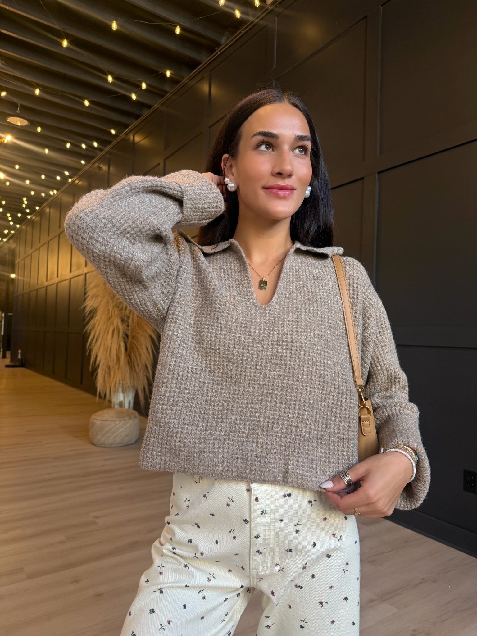 Carter Waffle Polo Sweater Knit Top In Taupe - Infinity Raine