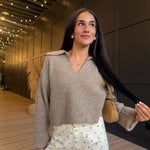 Carter Waffle Polo Sweater Knit Top In Taupe - Infinity Raine