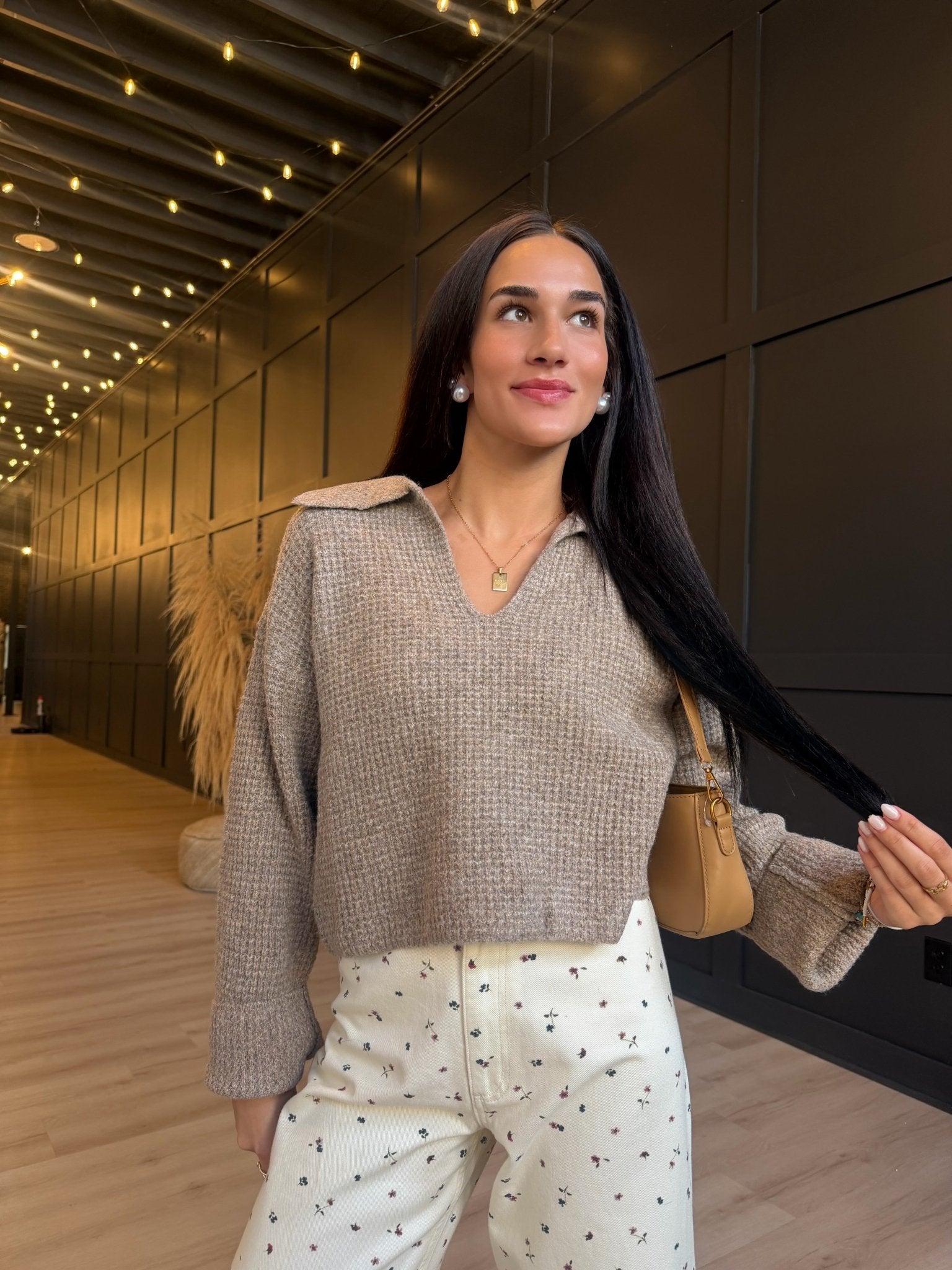 Carter Waffle Polo Sweater Knit Top In Taupe - Infinity Raine
