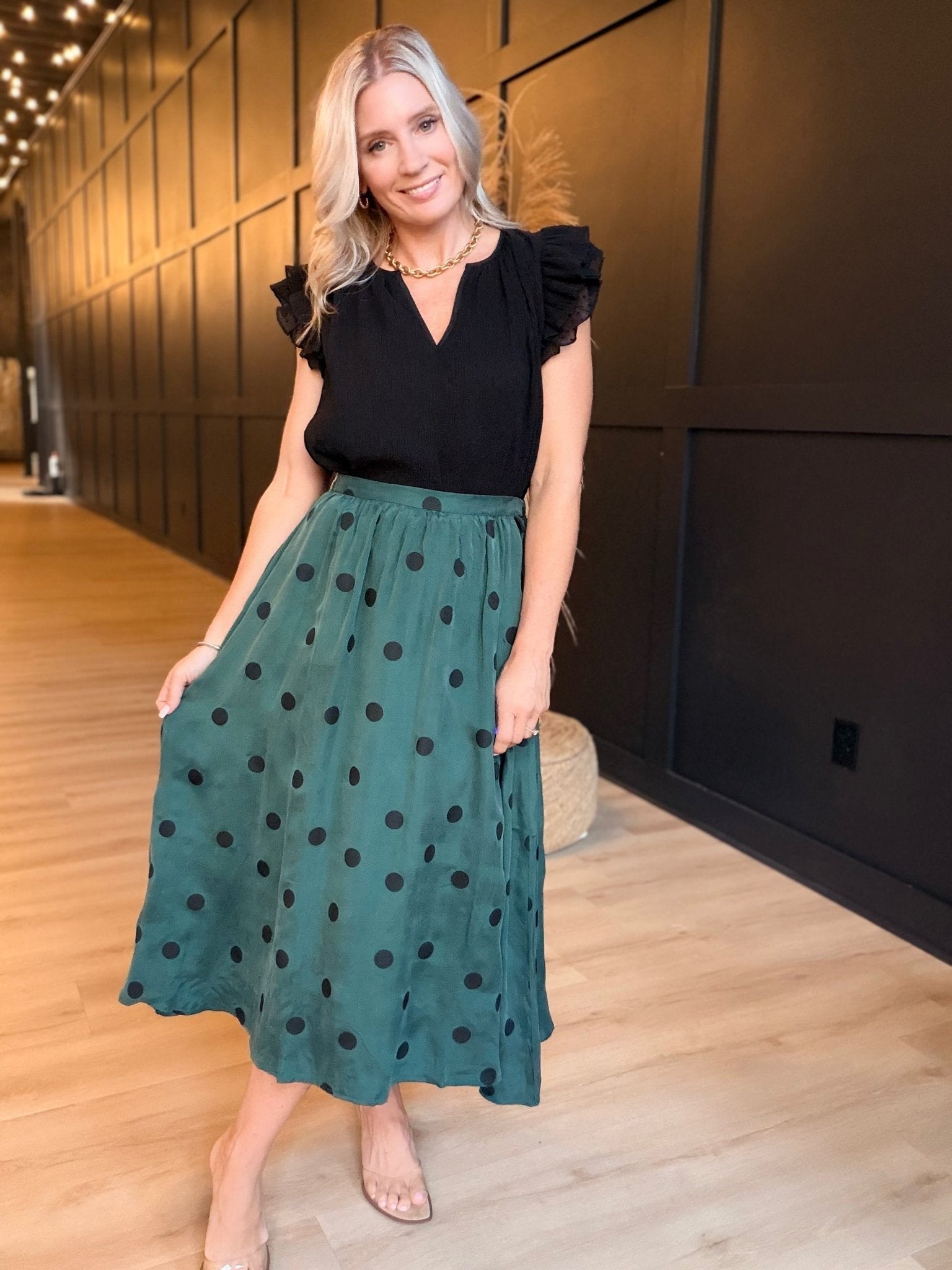 Centerpiece Polka Dot Midi Skirt In Teal Green - Infinity Raine