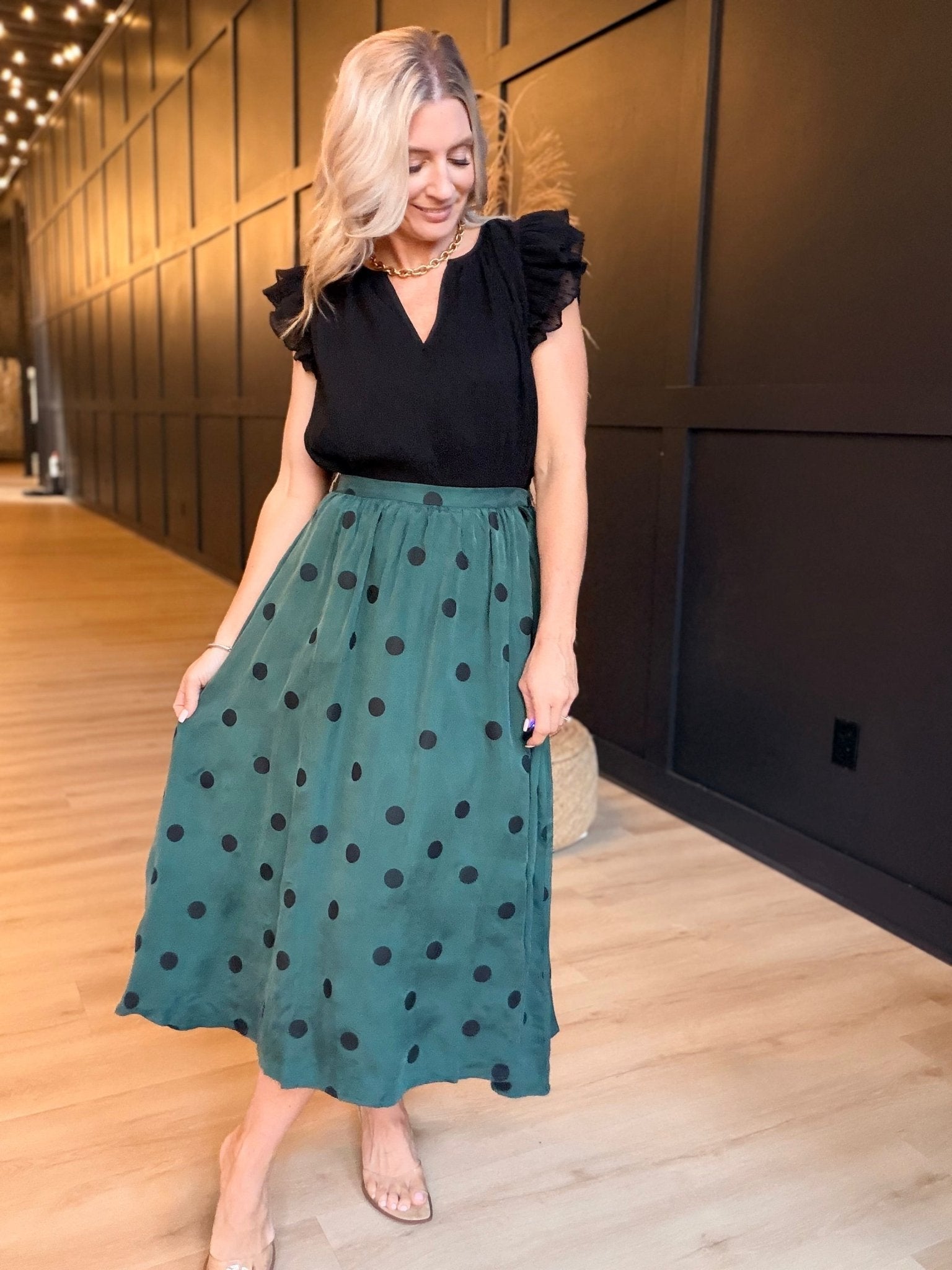 Centerpiece Polka Dot Midi Skirt In Teal Green - Infinity Raine