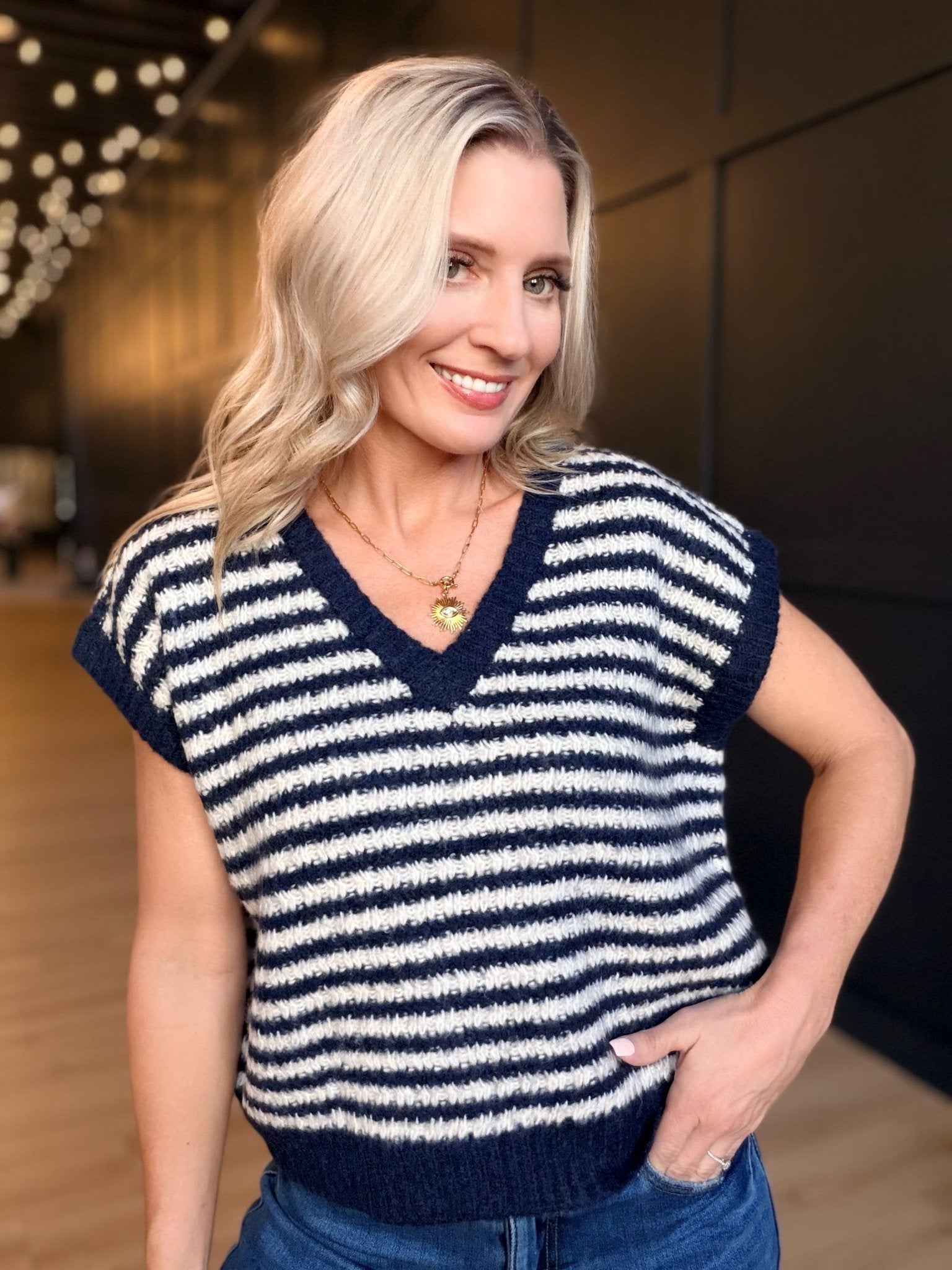 Chantal Stripe Sweater Vest In Navy Oatmeal - Infinity Raine