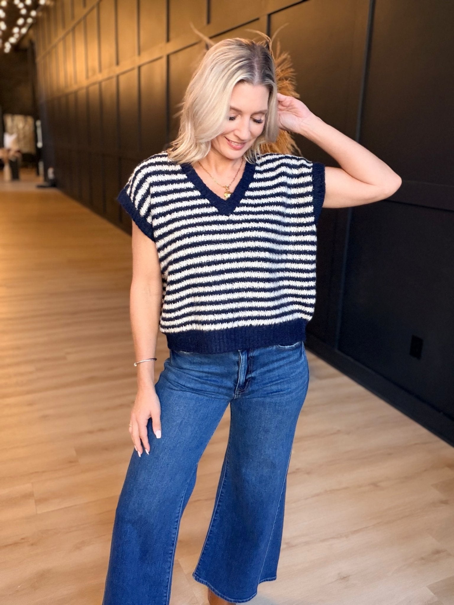 Chantal Stripe Sweater Vest In Navy Oatmeal - Infinity Raine