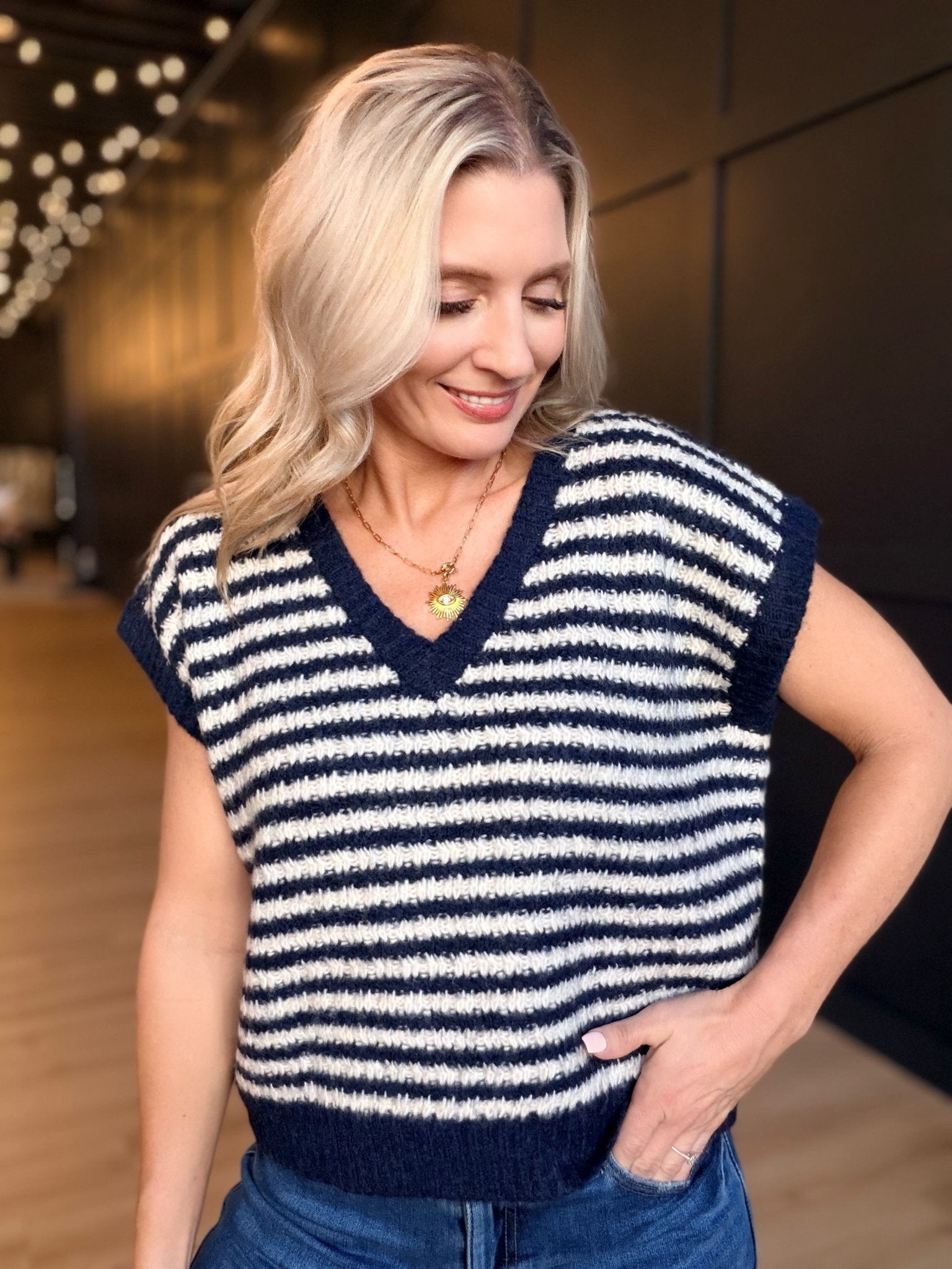 Chantal Stripe Sweater Vest In Navy Oatmeal - Infinity Raine