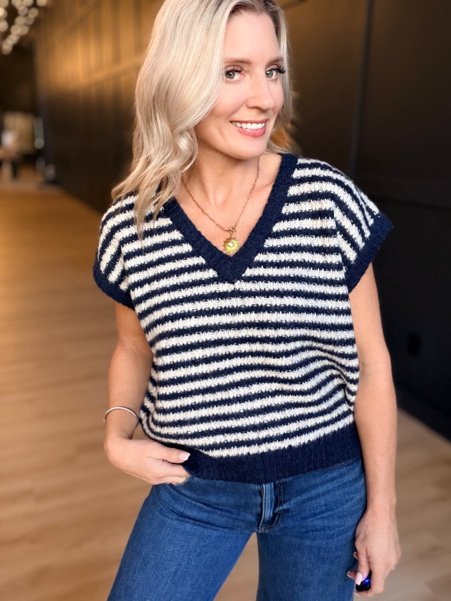 Chantal Stripe Sweater Vest In Navy Oatmeal - Infinity Raine