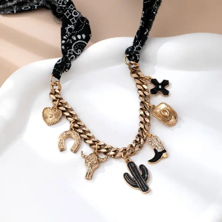 Charm Animal Scarf Necklace-Western Cross Boot Hat In Gold - Infinity Raine