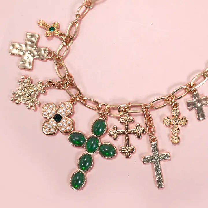 Charm Necklace-Multi Cross Charms Necklace In Gold - Infinity Raine