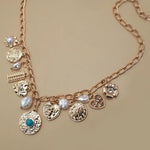 Charm Necklace-Pearl Heart Turq Coin Charms In Gold - Infinity Raine