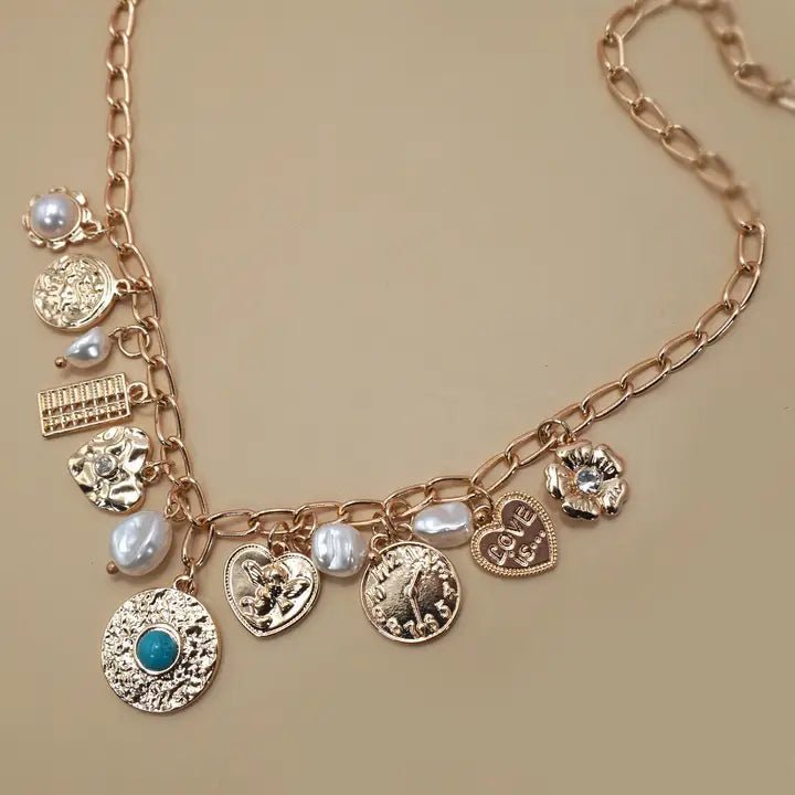 Charm Necklace-Pearl Heart Turq Coin Charms In Gold - Infinity Raine