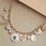 Charm Necklace-Pearl Heart Turq Coin Charms In Gold - Infinity Raine
