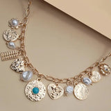 Charm Necklace-Pearl Heart Turq Coin Charms In Gold - Infinity Raine