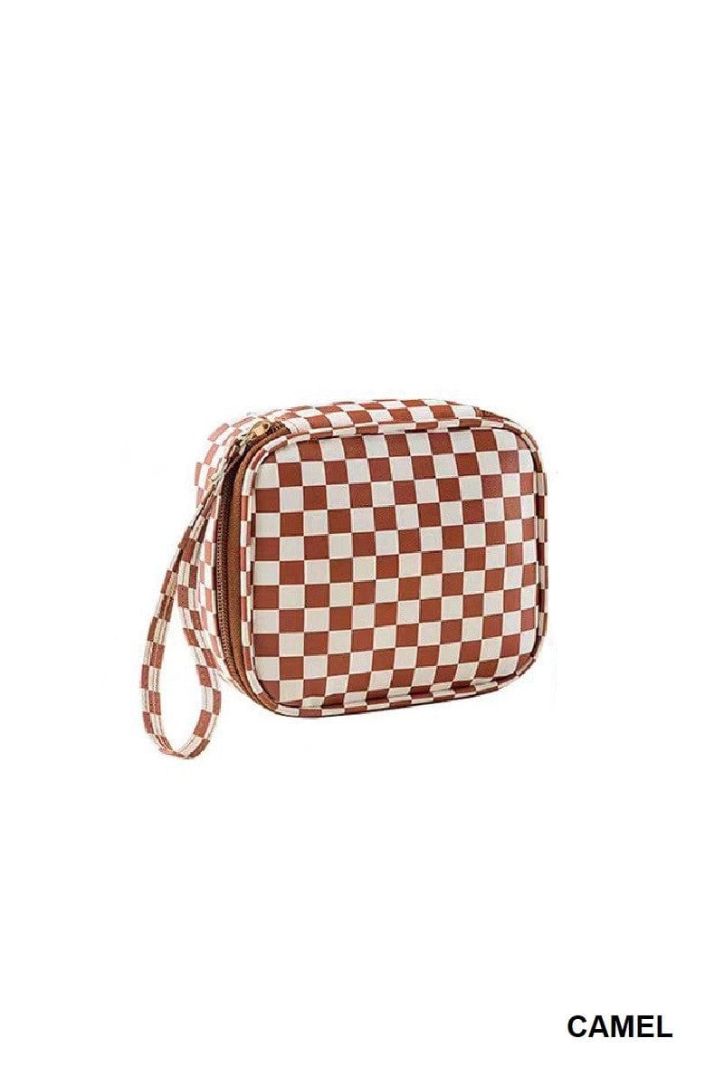 Checkered Cosmetic Makeup Travel Case In Camel - Infinity Raine