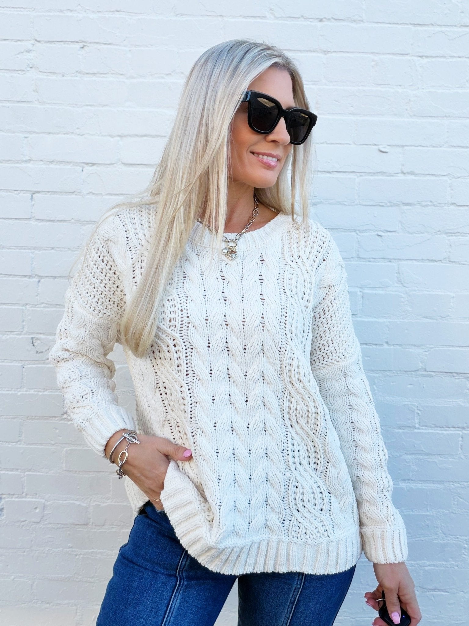 Chenille Soft Braid Crochet Knit Sweater In Ivory - Infinity Raine