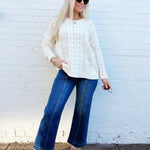 Chenille Soft Braid Crochet Knit Sweater In Ivory - Infinity Raine