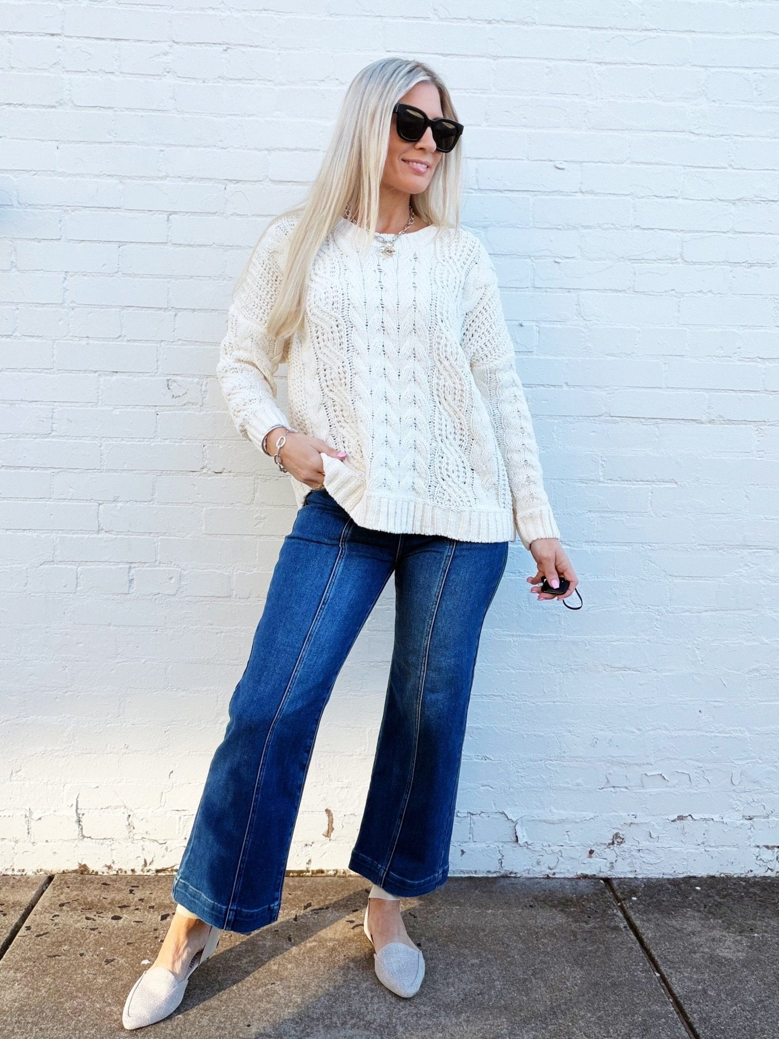 Chenille Soft Braid Crochet Knit Sweater In Ivory - Infinity Raine