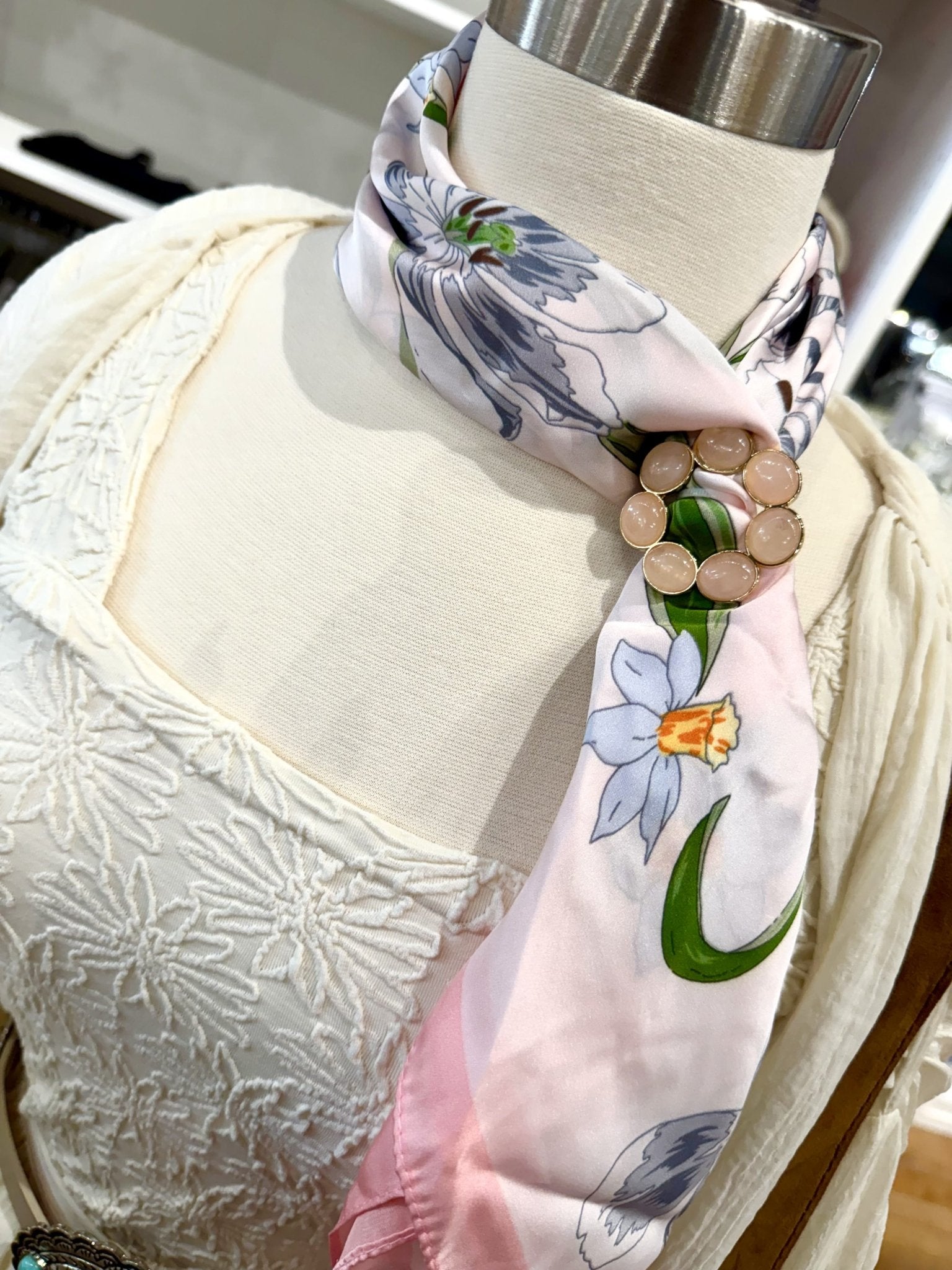 Chic Accent Scarf - Abstract Florals With Pink Brooch - Infinity Raine