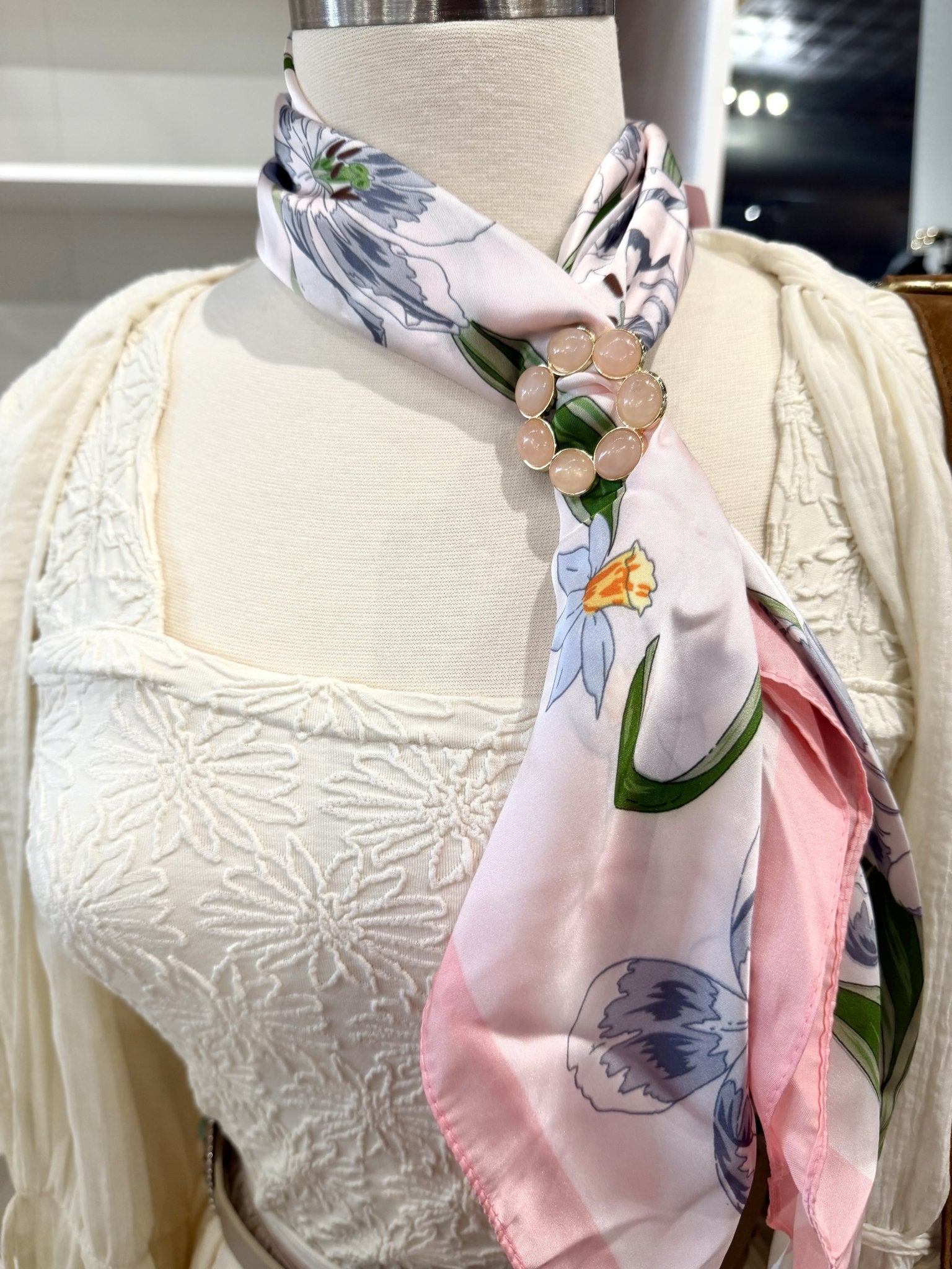 Chic Accent Scarf - Abstract Florals With Pink Brooch - Infinity Raine