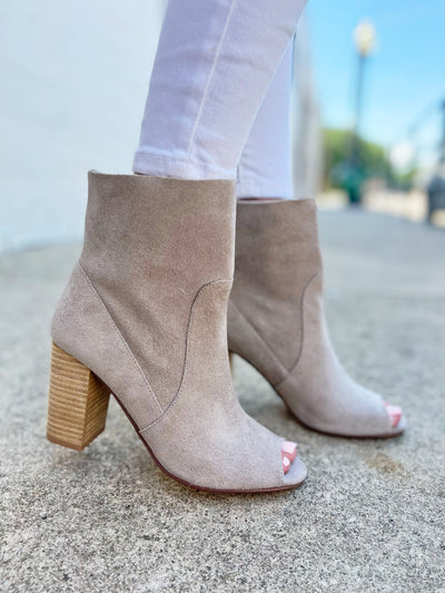 Chinese Laundry Tom Girl Split Suede Peep Toe Booties-Taupe - Infinity Raine