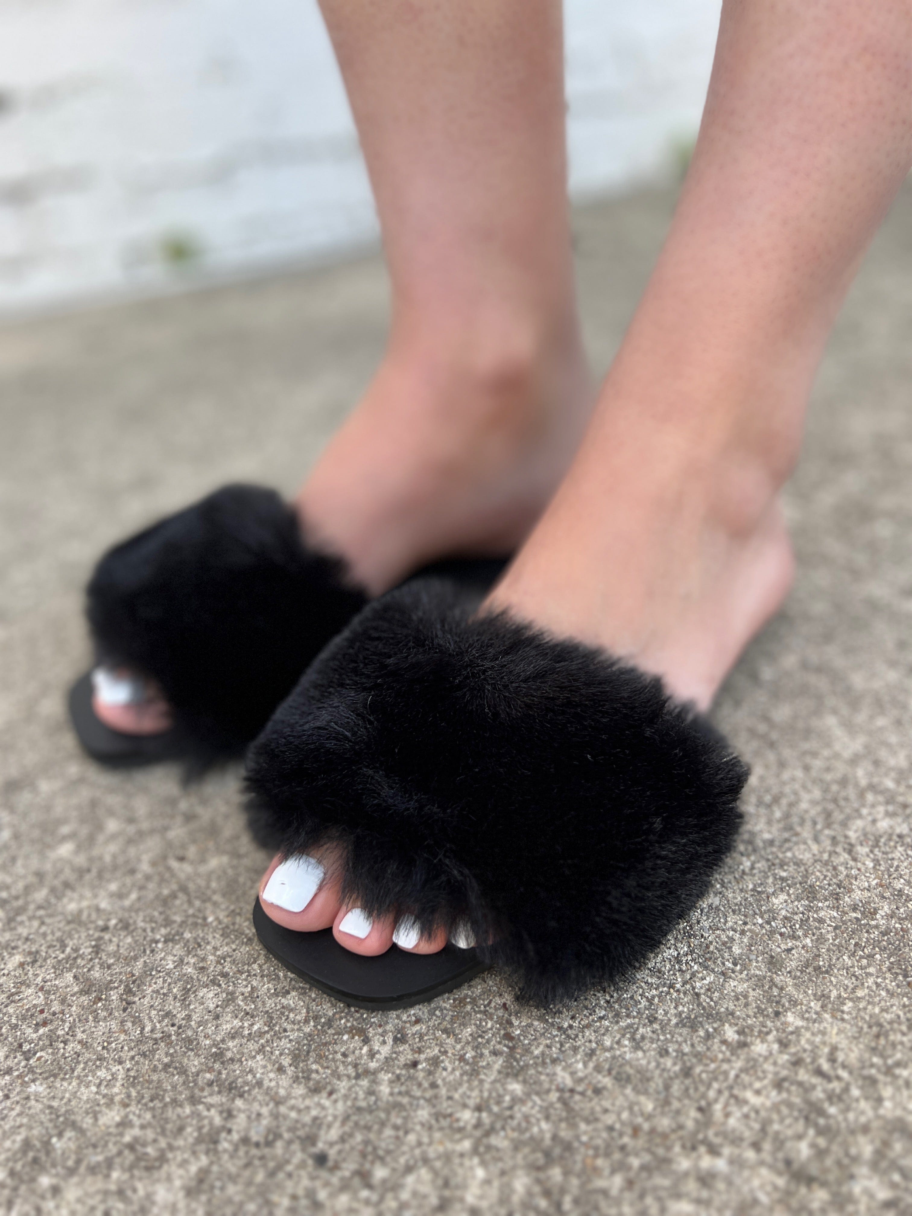 Chinese Laundry Madonna Fanta Fur Slides-Black - Infinity Raine