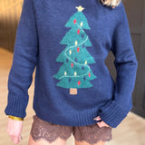 Christmas Tree Jacquard Crew Neck Knit Sweater In Navy - Infinity Raine