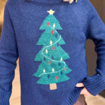 Christmas Tree Jacquard Crew Neck Knit Sweater In Navy - Infinity Raine