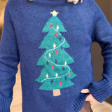 Christmas Tree Jacquard Crew Neck Knit Sweater In Navy - Infinity Raine