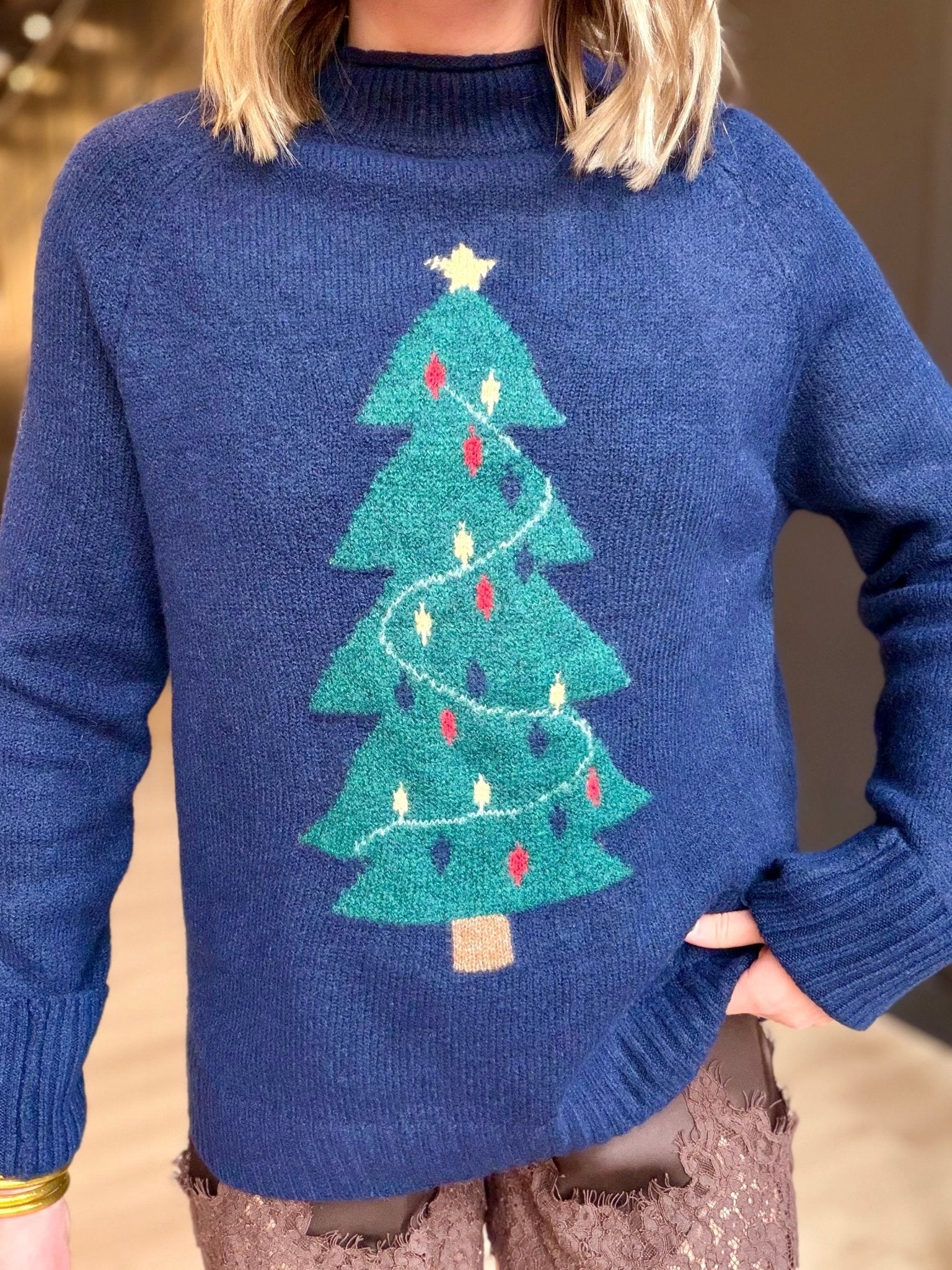 Christmas Tree Jacquard Crew Neck Knit Sweater In Navy - Infinity Raine