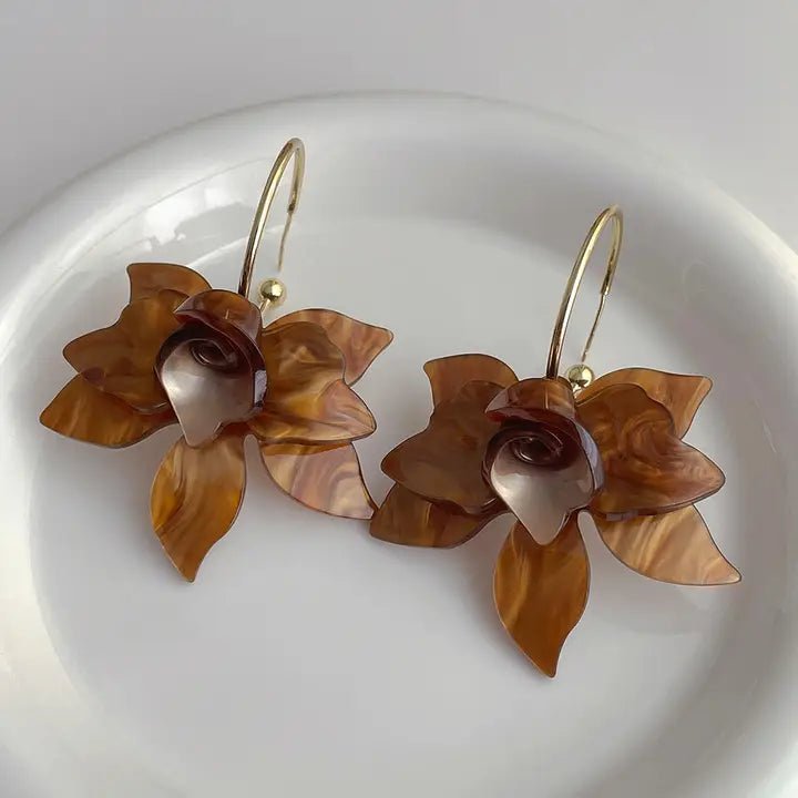 Chrome Flower Petal Dangle Earrings In Coffee - Infinity Raine