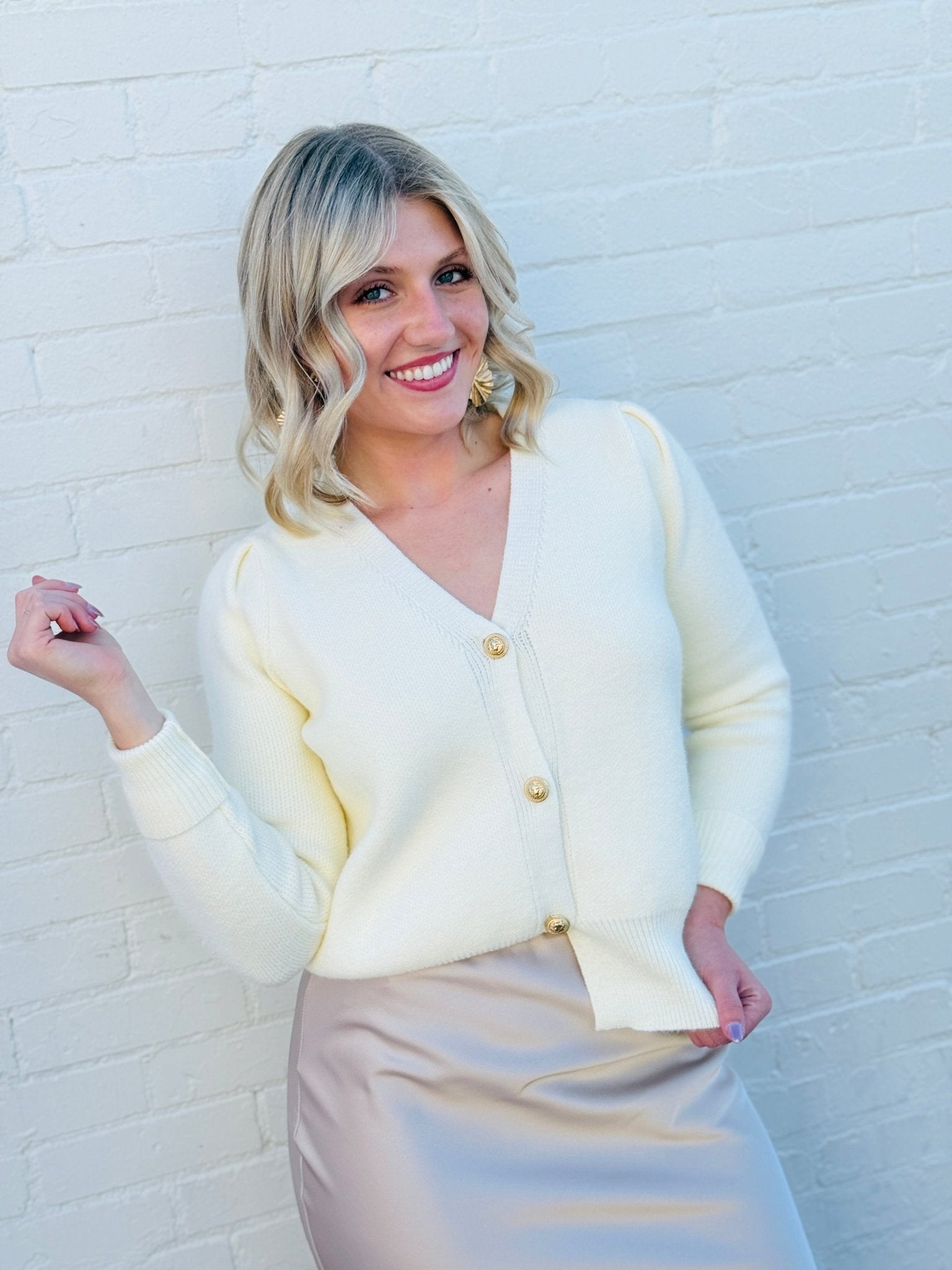 Classy V Neck cardigan In Cream - Infinity Raine